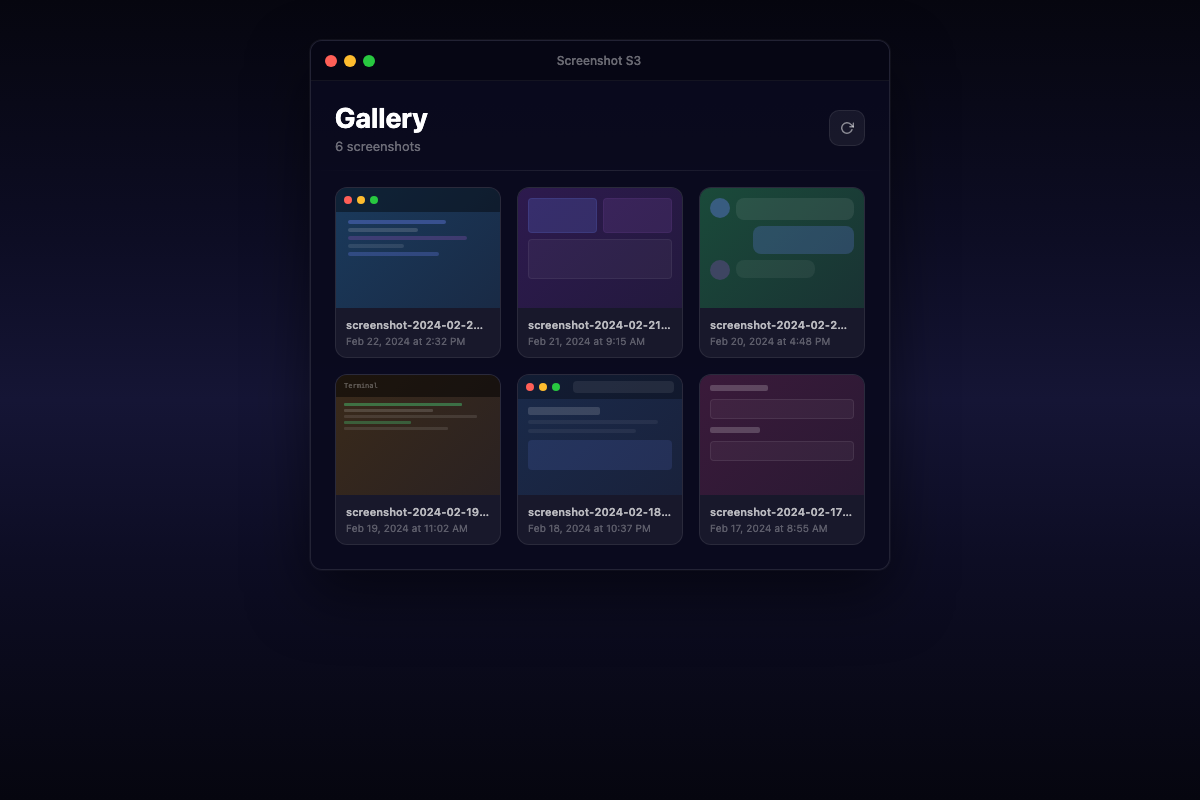 Screenshot S3 gallery view showing uploaded screenshots